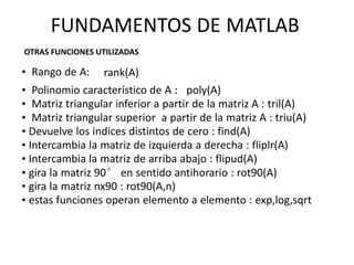 • Rango de A: rank(A)
• Polinomio característico de A : poly(A)
• Matriz triangular inferior a partir de la matriz A : tril(A)
• Matriz triangular superior a partir de la matriz A : triu(A)
• Devuelve los indices distintos de cero : find(A)
• Intercambia la matriz de izquierda a derecha : fliplr(A)
• Intercambia la matriz de arriba abajo : flipud(A)
• gira la matriz 90° en sentido antihorario : rot90(A)
• gira la matriz nx90 : rot90(A,n)
• estas funciones operan elemento a elemento : exp,log,sqrt
FUNDAMENTOS DE MATLAB
OTRAS FUNCIONES UTILIZADAS
 