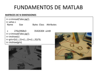 Name Size Bytes Class Attributes
c 276x3968x3 35426304 uint8
>> c=imread('labo.jpg');
>> imshow(c)
>> gris=((c(:,:,1)+c(:,:,2)+c(:,:,3))/3);
>> imshow(gris)
FUNDAMENTOS DE MATLAB
MATRICES DE N DIMENSIONES
>> c=imread('labo.jpg');
>> whos c
 