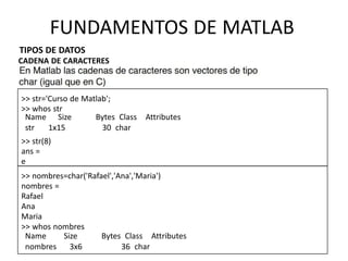 Name Size Bytes Class Attributes
str 1x15 30 char
>> str(8)
ans =
e
>> nombres=char('Rafael','Ana','Maria')
nombres =
Rafael
Ana
Maria
>> whos nombres
Name Size Bytes Class Attributes
nombres 3x6 36 char
FUNDAMENTOS DE MATLAB
TIPOS DE DATOS
CADENA DE CARACTERES
>> str='Curso de Matlab';
>> whos str
 