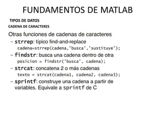 CADENA DE CARACTERES
TIPOS DE DATOS
FUNDAMENTOS DE MATLAB
 
