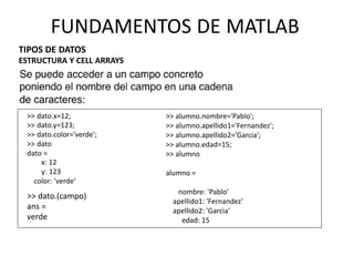 >> dato.x=12;
>> dato.y=123;
>> dato.color='verde';
>> dato
dato =
x: 12
y: 123
color: 'verde'
>> dato.(campo)
ans =
verde
FUNDAMENTOS DE MATLAB
TIPOS DE DATOS
ESTRUCTURA Y CELL ARRAYS
>> alumno.nombre='Pablo';
>> alumno.apellido1='Fernandez';
>> alumno.apellido2='Garcia';
>> alumno.edad=15;
>> alumno
alumno =
nombre: 'Pablo'
apellido1: 'Fernandez'
apellido2: 'Garcia'
edad: 15
 