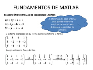 Luego aplicamos Gauss-Jordan
FUNDAMENTOS DE MATLAB
RESOLUCIÓN DE SISTEMAS DE ECUACIONES LINEALES
A diferencia del caso anterior
aquí puedo tener una
cantidad de ecuaciones
distintas a la cantidad de
variables
El sistema expresado en su forma aumentada tiene la forma:
 