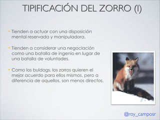 TIPIFICACIÓN DEL ZORRO (I)
—

Tienden a actuar con una disposición
mental reservada y manipuladora.

—

Tienden a considerar una negociación
como una batalla de ingenio en lugar de
una batalla de voluntades.

—

Como los buldogs, los zorros quieren el
mejor acuerdo para ellos mismos, pero a
diferencia de aquellos, son menos directos.

@roy_camposr

 