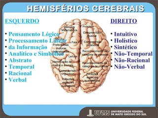 HEMISFÉRIOS CEREBRAIS
ESQUERDO

DIREITO

• Pensamento Lógico
• Processamento Linear
• da Informação
• Analítico e Simbólico
• Abstrato
• Temporal
• Racional
• Verbal

• Intuitivo
• Holístico
• Sintético
• Não-Temporal
• Não-Racional
• Não-Verbal

Prof. Ronny M de Moraes 16

16

 