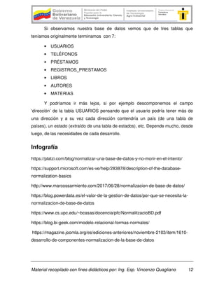 Material recopilado con fines didácticos por: Ing. Esp. Vincenzo Quagliano 12
Si observamos nuestra base de datos vemos que de tres tablas que
teníamos originalmente terminamos con 7:
• USUARIOS
• TELÉFONOS
• PRÉSTAMOS
• REGISTROS_PRESTAMOS
• LIBROS
• AUTORES
• MATERIAS
Y podríamos ir más lejos, si por ejemplo descomponemos el campo
‘dirección’ de la tabla USUARIOS pensando que el usuario podría tener más de
una dirección y a su vez cada dirección contendría un país (de una tabla de
países), un estado (extraído de una tabla de estados), etc. Depende mucho, desde
luego, de las necesidades de cada desarrollo.
Infografía
https://platzi.com/blog/normalizar-una-base-de-datos-y-no-morir-en-el-intento/
https://support.microsoft.com/es-ve/help/283878/description-of-the-database-
normalization-basics
http://www.marcossarmiento.com/2017/06/28/normalizacion-de-base-de-datos/
https://blog.powerdata.es/el-valor-de-la-gestion-de-datos/por-que-se-necesita-la-
normalizacion-de-base-de-datos
https://www.cs.upc.edu/~bcasas/docencia/pfc/NormalitzacioBD.pdf
https://blog.bi-geek.com/modelo-relacional-formas-normales/
https://magazine.joomla.org/es/ediciones-anteriores/noviembre-2103/item/1610-
desarrollo-de-componentes-normalizacion-de-la-base-de-datos
 