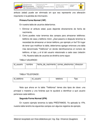 Material recopilado con fines didácticos por: Ing. Esp. Vincenzo Quagliano 9
atributo (edad) puede ser eliminado sin que eso represente una alteración
importante ni la pérdida de información.
Primera Forma Normal (1NF)
En nuestra tabla de usuarios deberíamos.
1. Eliminar el atributo edad, pues depende directamente de fecha de
nacimiento.
2. Como puedes notar tenemos dos campos para almacenar teléfonos:
teléfono de casa y teléfono móvil. ¿Qué pasaría si después tenemos la
necesidad de almacenar un tercer teléfono, por ejemplo un fax? En lugar
de tener que modificar la tabla, deberíamos agregar entonces una tabla
más denominada "Teléfonos" en donde identificaríamos el número de
teléfono, el tipo, y el id del usuario relacionado a cada caso (relación
1:N). Nuestra tabla de usuarios se dividiría como sigue:
TABLA 'USUARIOS':
id_usuario nombre fecha_de_nacimiento correo_electronico direccion
TABLA 'TELEFONOS':
id_telefono id_usuario telefono Tipo
Nota que ahora en la tabla "Teléfonos" tienes dos tipos de clave: una
principal o maestra y una foránea que te ayudará a identificar a qué usuario
pertenece cada teléfono.
Segunda Forma Normal (2FN)
En nuestro ejemplo tenemos la tabla PRÉSTAMOS. Ya aplicada la 1FN,
nuestra tabla tendría los siguientes campos con algunos registros de ejemplo.
 