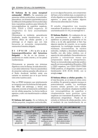 DR. EDWIN CEVALLOS BARRERA
El linfoma de la zona marginal
extranodal (MALT).- Se caracteriza por
presentar células centrocíticas, monocitoides,
plasmáticas, con la lesión característica que es
la infiltración linfoepitelial. El inmunofenotipo
tiene marcadores positivos para linfocitos B,
inmunoglobulinas de superficie negativas,
CD5, CD10 y CD23 negativos. El
citogénetico no tiene anormalidades
específicas.
Clínicamente es indolente, generalmente
localizado, puede transformarse en un
linfoma difuso de células grandes y el
estómago es el órgano que con más
frecuencia se encuentra comprometido,
raramente el intestino delgado.
E l I P S I D ( S í n d r o m e
Inmunoproliferativo del Intestino
Delgado) .- Se da en los jóvenes y
predomina en medio oriente y en los países
mediterráneos.
Clínicamente se presenta con síntomas
digestivos como la diarrea, la mala absorción,
o con dolor abdominal. Tiene la característica
de presentar cadenas pesadas alfa séricas en
el fluido duodenal, también existe una
variante no secretora que es la que hemos
visto entre nuestros casos.
Hay un IPSID temprano que prácticamente
se comporta como los linfomas de bajo grado,
tipo MALT del estómago, y tienen una
respuesta concreta al tratamiento antibiótico,
son de células pequeñas. La forma tardía es
agresiva y sufre una transformación a células
grandes.
El linfoma del manto.- Es un linfoma de
células pequeñas, irregulares centrociticolike,

se ve con alguna frecuencia, con compromiso
del bazo y de la médula ósea, su expresión en
el tubo digestivo es una poliposis linfoidea. Es
agresivo, a pesar que existen algunos
informes de sobrevidas de 3-4 años.
El estudio citogenético nos muestra
marcadores B positivos y en el citogenético
una translocación 11-14 y un rearreglo bcl-1.
El linfoma Burkitt.- En cualquiera de sus
dos presentaciones, el esporádico o el
epidémico se presenta generalmente en los
niños y es de alta agresividad, si bien hay
algunos reportes de curación, no es nuestra
experiencia. La morfología muestra células
medianas, monomórficas, de núcleos
redondos, múltiples y abundante citoplasma
basófilo, con alto índice mitótico, con el
aspecto de cielo estrellado. Generalmente son
grandes y voluminosas masas que
comprometen desde el retroperitoneo.
Tienen su inmunofenotipo particular positivo
para B con inmunoglobulina M positiva, CD5
y CD23 negativos, con CD10 CD19 CD20
CD22 positivos, el citogenético muestra una
translocación (2-8) (8-14) (8-22), con re
arreglo c-myc.
El linfoma difuso a células grandes.- Es
el más frecuente, se ve tanto en niños como
en adultos. En general es agresivo aunque es
potencialmente curable. La morfología
muestra células grandes con núcleos
prominente y abundante citoplasma basófilo
con inmunoglobilinas de superficie o
citoplasmáticas tanto positivas como
negativas con marcadores B positivos. Tiene
alteraciones citogenéticas . Puede ser de
entrada un linfoma de células grandes, como
el resultado de una transformación de un

SISTEMA DE ESTADIAMIENTO DE MUSSHOFF DE LOS LINFOMAS NO
HODGKINIANOS DEL GASTRICOS
Estadio IE
Tumor
confinado a
tracto
estómago sin
afección
ganglionar.

80

Estadio IIE-1
Afección gástrica
y a ganglios
linfáticos
regionales
contiguos
(perigástricos)

Estadio IIE-2
Tumor con
diseminación a
ganglios linfáticos
regionales no
contíguos (para aórticos o
parailíacos)

Estadios IIIE
Diseminación a
órganos intraabdominales
(hígado, bazo) o
extra-abdominales
(Ej: médula ósea).

Estadio IV
Afección gástrica
y hematógena

 