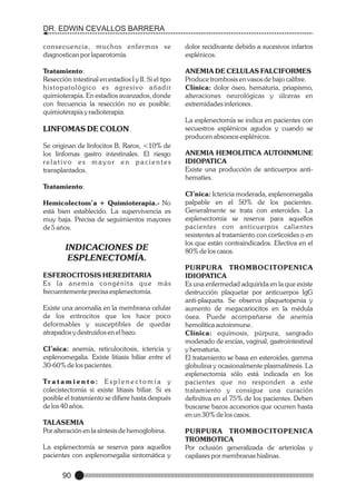 DR. EDWIN CEVALLOS BARRERA
consecuencia, muchos enfer mos se
diagnostican por laparotomía.

dolor recidivante debido a sucesivos infartos
esplénicos.

Tratamiento:
Resección intestinal en estadíos I y II. Si el tipo
histopatológico es agresivo añadir
quimioterapia. En estadíos avanzados, donde
con frecuencia la resección no es posible:
quimioterapia y radioterapia.

ANEMIA DE CELULAS FALCIFORMES
Produce trombosis en vasos de bajo calibre.
Clínica: dolor óseo, hematuria, priapismo,
alteraciones neurológicas y úlceras en
extremidades inferiores.

LINFOMAS DE COLON
Se originan de linfocitos B. Raros, <10% de
los linfomas gastro intestinales. El riesgo
relativo es mayor en pacientes
transplantados.

La esplenectomía se indica en pacientes con
secuestros esplénicos agudos y cuando se
producen abscesos esplénicos.
ANEMIA HEMOLITICA AUTOINMUNE
IDIOPATICA
Existe una producción de anticuerpos antihematíes.

Tratamiento:
Hemicolectom’a + Quimioterapia.- No
está bien establecido. La supervivencia es
muy baja. Precisa de seguimientos mayores
de 5 años.

INDICACIONES DE
ESPLENECTOMÍA.
ESFEROCITOSIS HEREDITARIA
Es la anemia congénita que más
frecuentemente precisa esplenectomía.
Existe una anomalía en la membrana celular
de los eritrocitos que los hace poco
deformables y susceptibles de quedar
atrapados y destruidos en el bazo.
Cl’nica: anemia, reticulocitosis, ictericia y
esplenomegalia. Existe litiasis biliar entre el
30-60% de los pacientes.
Tr a t a m i e n t o : E s p l e n e c t o m í a y
colecistectomía si existe litiasis biliar. Si es
posible el tratamiento se difiere hasta después
de los 40 años.
TALASEMIA
Por alteración en la síntesis de hemoglobina.
La esplenectomía se reserva para aquellos
pacientes con esplenomegalia sintomática y

90

Cl’nica: Ictericia moderada, esplenomegalia
palpable en el 50% de los pacientes.
Generalmente se trata con esteroides. La
esplenectomía se reserva para aquellos
pacientes con anticuerpos calientes
resistentes al tratamiento con corticoides o en
los que están contraindicados. Efectiva en el
80% de los casos.
PURPURA TROMBOCITOPENICA
IDIOPATICA
Es una enfermedad adquirida en la que existe
destrucción plaquetar por anticuerpos IgG
anti-plaqueta. Se observa plaquetopenia y
aumento de megacariocitos en la médula
ósea. Puede acompañarse de anemia
hemolítica autoinmune.
Clínica: equímosis, púrpura, sangrado
moderado de encías, vaginal, gastrointestinal
y hematuria.
El tratamiento se basa en esteroides, gamma
globulina y ocasionalmente plasmaféresis. La
esplenectomía sólo está indicada en los
pacientes que no responden a este
tratamiento y consigue una curación
definitiva en el 75% de los pacientes. Deben
buscarse bazos accesorios que ocurren hasta
en un 30% de los casos.
PURPURA TROMBOCITOPENICA
TROMBOTICA
Por oclusión generalizada de arteriolas y
capilares por membranas hialinas.

 