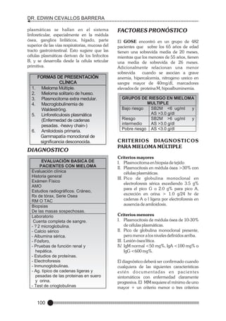 DR. EDWIN CEVALLOS BARRERA
plasmáticas se hallan en el sistema
linforeticular, especialmente en la médula
ósea, ganglios linfáticos, hígado, parte
superior de las vías respiratorias, mucosa del
tracto gastrointestinal. Esto sugiere que las
células plasmáticas derivan de los linfocitos
B, y se desarrolla desde la célula reticular
primitiva.

1.
2.
3.
4.
5.

6.

FORMAS DE PRESENTACIÓN
CLÍNICA
Mieloma Múltiple.
Mieloma solitario de hueso.
Plasmocitoma extra medular.
Macroglobulinemia de
Waldeströng.
Linforeticulosis plasmática
(Enfermedad de cadenas
pesadas. -heavy chain-)
Amiloidosis primaria.
Gammapatía monoclonal de
significancia desconocida.

DIAGNÓSTICO
EVALUACIÓN BASICA DE
PACIENTES CON MIELOMA
Evaluación clínica
Historia general
Exámen Físico
AMO
Estudios radiográficos. Cráneo,
Rx de tórax, Serie Osea
RM O TAC
Biopsias
De las masas sospechosas.
Laboratorio
Cuenta completa de sangre.
- ? 2 microglobulina.
- Calcio sérico
- Albumina sérica.
- Fósforo,
- Pruebas de función renal y
hepática.
- Estudios de proteínas.
- Electroforesis
- Inmunoglobulinas.
- Ag. típico de cadenas ligeras y
pesadas de las proteinas en suero
y orina.
- Test de crioglobulinas

100

FACTORES PRONÓSTICO
El GOSE encontró en un grupo de 482
pacientes que sobre los 65 años de edad
tienen una sobrevida media de 20 meses,
mientras que los menores de 55 años, tienen
una media de sobrevida de 26 meses.
Adicionalmente relacionan una menor
sobrevida
cuando se asocian a grave
anemia, hipercalcemia, nitrogeno ureico en
sangre mayor de 40mg/dl, marcadores
elevados de proteína M, hipoalbuminemia.

GRUPOS DE RIESGO EN MIELOMA
MULTIPLE
Bajo riesgo
SB2M <6 ug/ml
y
AS >3.0 g/dl
Riesgo
SB2M >6 ug/ml
y
intermedio
AS >3.0 g/dl
Pobre riesgo AS <3.0 g/dl

CRITERIOS DIAGNOSTICOS
PARA MIELOMA MÚLTIPLE
Criterios mayores
I. Plasmocitoma en biopsia de tejido
II. Plasmocitosis en médula ósea >30% con
células plasmáticas.
III. Pico de globulina monoclonal en
electroforesis sérica excediendo 3.5 g%
para el pico G o 2.0 g% para pico A,
excreción en orina > 1.0 g/24 hr de
cadenas A o l ligera por electroforesis en
ausencia de amiloidosis.
Criterios menores
I. Plasmocitosis de médula ósea de 10-30%
de células plasmáticas.
II. Pico de globulina monoclonal presente,
pero menor a los niveles definidos arriba.
III. Lesión ósea lítica.
IV. IgM normal <50 mg%, IgA <100 mg% o
IgG <600 mg%.
El diagnóstico deberá ser confirmado cuando
cualquiera de las siguientes características
estén documentadas en pacientes
sintomáticos con enfermedad claramente
progresiva. El MM requiere el mínimo de uno
mayor + un criterio menor o tres criterios

 