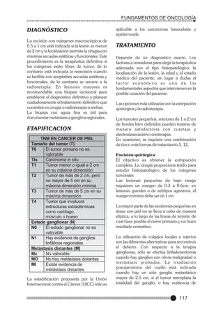 FUNDAMENTOS DE ONCOLOGÍA

DIAGNÓSTICO
La excisión con márgenes macroscópicos de
0.5 a 1 cm está indicada si la lesión es menor
de 2 cm y la localización permite la cirugía con
mínimas secuelas estéticas y funcionales. Este
procedimiento es la terapéutica definitiva si
los márgenes están libres de tumor, de lo
contrario está indicada la reexcisión cuando
es factible con aceptables secuelas estéticas y
funcionales, de lo contrario se recurre a la
radioterapia. En lesiones mayores es
recomendable una biopsia incisional para
establecer el diagnóstico definitivo y planear
cuidadosamente el tratamiento definitivo que
consistirá en cirugía o radioterapia o ambas.
La biopsia con aguja fina es útil para
documentar metástasis a ganglios regionales.

ETAPIFICACION
TNM EN CANCER DE PIEL
Tamaño del tumor (T)
T0
El tumor primario no es
valorable
TIs
Carcinoma in situ
T1
Tumor menor o igual a 2 cm
en su máxima dimensión
T2
Tumor de más de 2 cm, pero
no mayor de 5 cm en su
máxima dimensión mínima
T3
Tumor de más de 5 cm en su
máxima dimensión
T4
Tumor que involucra
estructuras extradérmicas
como cartílago,
músculo o hueso
Estado gangllonar (N)
N0
El estado ganglionar no es
valorable
N1
Hay evidencia de ganglios
linfáticos regionales
Metástasis distantes (M)
Mx
No valorable
MO
No hay metástasis distantes
MI
Existe evidencia de
metástasis distantes
La estadificación propuesta por la Unión
Internacional contra el Cáncer (UICC) sólo es

aplicable a los carcinomas basocelular y
epidermoide.

TRATAMIENTO
Depende de un diagnóstico exacto. Los
factores a considerar para elegir la terapéutica
adecuada son el tipo histopatológico, la
localización de la lesión, la edad y el estado
médico del paciente, sin lugar a dudas el
factor económico es uno de los
fundamentales aspectos que intervienen en la
posible curación del paciente.
Las opciones más utilizadas son la extirpación
quirúrgica y la radioterapia.
Los tumores pequeños, menores de 1 o 2 cm
de bordes bien definidos pueden tratarse de
manera satisfactoria con curetaje y
electrodesecación o crioterapia.
En ocasiones, se requiere una combinación
de dos o más formas de tratamiento.5, 12,
Excisión quirúrgica
El objetivo es obtener la extirpación
completa. La cirugía proporciona tejido para
estudio histopatológico de los márgenes
tumorales.
Las lesiones pequeñas de bajo riesgo
requieren un margen de 0.3 a 0.6cm; en
lesiones grandes o de subtipos agresivos, el
margen mínimo debe ser de 1 cm.
La mayor parte de las excisiones pequeñas en
áreas con piel no se lleva a cabo de manera
elíptica, a lo largo de las líneas de tensión de
cual hace posible el cierre primario y un buen
resultado cosmético.
La utilización de colgajos locales e injertos
son las diferentes alternativas para reconstruir
el defecto. Con respecto a la terapia
ganglionar, sólo se efectúa linfadenectomía
cuando hay ganglios con obvia malignidad o
metástasis probadas. La irradiación
posoperatoria del cuello está indicada
cuando hay un solo ganglio metastásico
mayor de 2.5 cm, si el tumor reemplaza la
totalidad del ganglio, o hay evidencia de

117

 