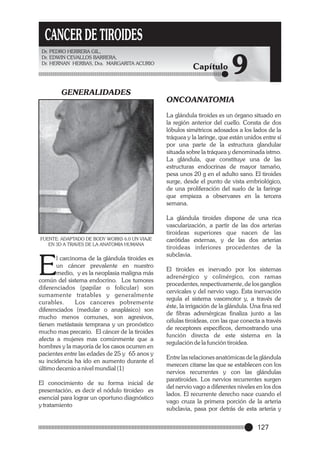 CANCER DE TIROIDES
Dr. PEDRO HERRERA GIL,
Dr. EDWIN CEVALLOS BARRERA,
Dr. HERNAN HERBAS, Dra. MARGARITA ACURIO

GENERALIDADES

Capítulo

9

ONCOANATOMIA
La glándula tiroides es un órgano situado en
la región anterior del cuello. Consta de dos
lóbulos simétricos adosados a los lados de la
tráquea y la laringe, que están unidos entre sí
por una parte de la estructura glandular
situada sobre la tráquea y denominada istmo.
La glándula, que constituye una de las
estructuras endocrinas de mayor tamaño,
pesa unos 20 g en el adulto sano. El tiroides
surge, desde el punto de vista embriológico,
de una proliferación del suelo de la faringe
que empieza a observares en la tercera
semana.

FUENTE: ADAPTADO DE BODY WORKS 6.0 UN VIAJE
EN 3D A TRAVES DE LA ANATOMIA HUMANA

E

l carcinoma de la glándula tiroides es
un cáncer prevalente en nuestro
medio, y es la neoplasia maligna más
común del sistema endocrino. Los tumores
diferenciados (papilar o folicular) son
sumamente tratables y generalmente
curables.
Los canceres pobremente
diferenciados (medular o anaplásico) son
mucho menos comunes, son agresivos,
tienen metástasis temprana y un pronóstico
mucho mas precario. El cáncer de la tiroides
afecta a mujeres mas comúnmente que a
hombres y la mayoría de los casos ocurren en
pacientes entre las edades de 25 y 65 anos y
su incidencia ha ido en aumento durante el
último decenio a nivel mundial (1)
El conocimiento de su forma inicial de
presentación, es decir el nódulo tiroideo es
esencial para lograr un oportuno diagnóstico
y tratamiento

La glándula tiroides dispone de una rica
vascularización, a partir de las dos arterias
tiroideas superiores que nacen de las
carótidas externas, y de las dos arterias
tiroideas inferiores procedentes de la
subclavia.
El tiroides es inervado por los sistemas
adrenérgico y colinérgico, con ramas
procedentes, respectivamente, de los ganglios
cervicales y del nervio vago. Esta inervación
regula el sistema vasomotor y, a través de
éste, la irrigación de la glándula. Una fina red
de fibras adrenérgicas finaliza junto a las
células tiroideas, con las que conecta a través
de receptores específicos, demostrando una
función directa de este sistema en la
regulación de la función tiroidea.
Entre las relaciones anatómicas de la glándula
merecen citarse las que se establecen con los
nervios recurrentes y con las glándulas
paratiroides. Los nervios recurrentes surgen
del nervio vago a diferentes niveles en los dos
lados. El recurrente derecho nace cuando el
vago cruza la primera porción de la arteria
subclavia, pasa por detrás de esta arteria y

127

 