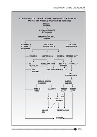 FUNDAMENTOS DE ONCOLOGÍA

CONSENSO ECUATORIANO SOBRE DIAGNOSTICO Y MANEJO
BASICO DEL NODULO Y CANCER DE TIROIDES
NODULO
TIRODEO
HI STORIA CLINICA
DETALLADA
CITOPUNCION, TSH,
T4 LIBRE

CITOLOGI A
ALTAMEN TE
SUGESTIVA

CITOLOGI A
DIAGNOSTICA

MALIGNA

CITOLOGI A
INADECUADA

SOSPECHOS A

NO
FOLICULAR
TSH
NORMAL

BENIGNA REPETIR CAFF

FOLICULAR TSH
Y

TSH X O
NOR MAL

ECO CAA F

TSH Y OBSERVACION LT4
NO
DIA GNOSTICA

GAMMA GRAFIA
TIROIDEA

FRIO O
TIBIO

JUICIO
CLINICO

CALIENTE

T4L X

YOODO
131

RIESGO
BAJO

RIESGO
ALTO

LT4
T4L Y O
NORMAL

OBSERVACION

CIRUGIA

133

 