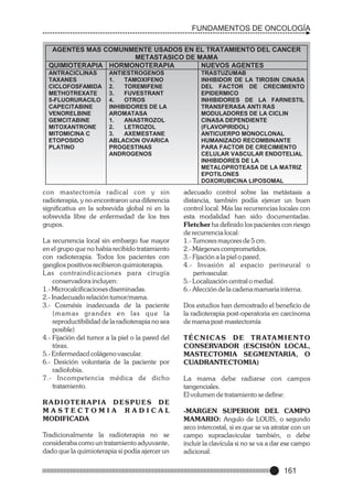 FUNDAMENTOS DE ONCOLOGÍA
AGENTES MAS COMUNMENTE USADOS EN EL TRATAMIENTO DEL CANCER
METASTASICO DE MAMA
QUIMIOTERAPIA HORMONOTERAPIA
NUEVOS AGENTES
ANTRACICLINAS
TAXANES
CICLOFOSFAMIDA
METHOTREXATE
5-FLUORURACILO
CAPECITABINE
VENORELBINE
GEMCITABINE
MITOXANTRONE
MITOMICINA C
ETOPOSIDO
PLATINO

ANTIESTROGENOS
1.
TAMOXIFENO
2.
TOREMIFENE
3.
FUVESTRANT
4.
OTROS
INHIBIDORES DE LA
AROMATASA
1.
ANASTROZOL
2.
LETROZOL
3.
AXEMESTANE
ABLACION OVARICA
PROGESTINAS
ANDROGENOS

con mastectomía radical con y sin
radioterapia, y no encontraron una diferencia
significativa en la sobrevida global ni en la
sobrevida libre de enfermedad de los tres
grupos.
La recurrencia local sin embargo fue mayor
en el grupo que no había recibido tratamiento
con radioterapia. Todos los pacientes con
ganglios positivos recibieron quimioterapia.
L as contraindicaciones para cirugía
conservadora incluyen:
1.- Microcalcificaciones diseminadas.
2.- Inadecuado relación tumor/mama.
3.- Cosmésis inadecuada de la paciente
(mamas grandes en las que la
reproductibilidad de la radioterapia no sea
posible)
4.- Fijación del tumor a la piel o la pared del
tórax.
5.- Enfermedacd colágeno vascular.
6.- Desición voluntaria de la paciente por
radiofobia.
7.- Incompetencia médica de dicho
tratamiento.
RADIOTERAPIA DESPUES DE
MASTECTOMIA RADICAL
MODIFICADA
Tradicionalmente la radioterapia no se
consideraba como un tratamiento adyuvante,
dado que la quimioterapia si podía ajercer un

TRASTUZUMAB
INHIBIDOR DE LA TIROSIN CINASA
DEL FACTOR DE CRECIMIENTO
EPIDERMICO
INHIBIDORES DE LA FARNESTIL
TRANSFERASA ANTI RAS
MODULADORES DE LA CICLIN
CINASA DEPENDIENTE
(FLAVOPIRIDOL)
ANTICUERPO MONOCLONAL
HUMANIZADO RECOMBINANTE
PARA FACTOR DE CRECIMIENTO
CELULAR VASCULAR ENDOTELIAL
INHIBIDORES DE LA
METALOPROTEASA DE LA MATRIZ
EPOTILONES
DOXORUBICINA LIPOSOMAL

adecuado control sobre las metástasis a
distancia, también podía ejercer un buen
control local. Más las recurrencias locales con
esta modalidad han sido documentadas.
Fletcher ha definido los pacientes con riesgo
de recurrencia local:
1.- Tumores mayores de 5 cm.
2.- Márgenes comprometidos.
3.- Fijación a la piel o pared.
4.- Invasión al espacio perineural o
perivascular.
5.- Localización central o medial.
6.- Afección de la cadena mamaria interna.
Dos estudios han demostrado el beneficio de
la radioterapia post-operatoria en carcinoma
de mama post-mastectomía
T É C N I CA S D E T R ATA M I E N T O
CONSERVADOR (ESCISIÓN LOCAL,
MASTECTOMIA SEGMENTARIA, O
CUADRANTECTOMIA)
La mama debe radiarse con campos
tangenciales.
El volumen de tratamiento se define:
-MARGEN SUPERIOR DEL CAMPO
MAMARIO: Angulo de LOUIS, o segundo
arco intercostal, si es que se va atratar con un
campo supraclavicular también, o debe
incluir la clavícula si no se va a dar ese campo
adicional.

161

 