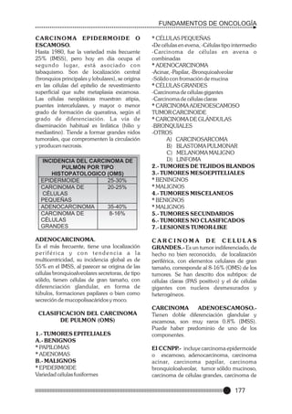 FUNDAMENTOS DE ONCOLOGÍA
CARCINOMA EPIDERMOIDE O
ESCAMOSO.
Hasta 1980, fue la variedad más frecuente
25% (IMSS), pero hoy en día ocupa el
segundo lugar, es t á a s o c i a d o c o n
tabaquismo. Son de localización central
(bronquios principales y lobulares), se origina
en las células del epitelio de revestimiento
superficial que sufre metaplasia escamosa.
Las células neoplásicas muestran atipia,
puentes intercelulares, y mayor o menor
grado de formación de queratina, según el
grado de diferenciación. La vía de
diseminación habitual es linfática (hilio y
mediastino). Tiende a formar grandes nidos
tumorales, que compromenten la circulación
y producen necrosis.
INCIDENCIA DEL CARCINOMA DE
PULMÓN POR TIPO
HISTOPATOLOGICO (OMS)
EPIDERMOIDE
25-30%
CARCINOMA DE
20-25%
CÉLULAS
PEQUEÑAS
ADENOCARCINOMA
35-40%
CARCINOMA DE
8-16%
CÉLULAS
GRANDES

ADENOCARCINOMA.
Es el más frecuente, tiene una localización
periférica y con tendencia a la
multicentricidad, su incidencia global es de
55% en el IMSS, al parecer se origina de las
células bronquioalveolares secretoras, de tipo
sólido, tienen células de gran tamaño, con
diferenciación glandular, en forma de
túbulos, formaciones papilares o bien como
secreción de mucopolisacáridos y moco.
CLASIFICACION DEL CARCINOMA
DE PULMON (OMS)
1.- TUMORES EPITELIALES
A.- BENIGNOS
* PAPILOMAS
* ADENOMAS
B.- MALIGNOS
* EPIDERMOIDE
Variedad células fusiformes

* CÉLULAS PEQUEÑAS
-De células en evena, -Células tipo intermedio
-Carcinoma de células en avena o
combinadas
* ADENOCARCINOMA
-Acinar, -Papilar, -Bronquioalveolar
-Sólido con fromación de mucina
* CÉLULAS GRANDES
-Carcinoma de células gigantes
-Carcinoma de células claras
* CARCINOMA ADENOESCAMOSO
TUMOR CARCINOIDE
* CARCINOMA DE GLÁNDULAS
-BRONQUIALES
-OTROS
A) CARCINOSARCOMA
B) BLASTOMA PULMONAR
C) MELANOMA MALIGNO
D) LINFOMA
2.- TUMORES DE TEJIDOS BLANDOS
3.- TUMORES MESOEPITELIALES
* BENINGNOS
* MALIGNOS
4.- TUMORES MISCELANEOS
* BENIGNOS
* MALIGNOS
5.- TUMORES SECUNDARIOS
6.- TUMORES NO CLASIFICADOS
7.- LESIONES TUMOR-LIKE
CARCINOMA DE CELULAS
GRANDES.- Es un tumor indiferenciado, de
hecho no bien reconocido, de localización
periférica, con elementos celulares de gran
tamaño, corresponde al 8-16% (OMS) de los
tumores. Se han descrito dos subtipos: de
células claras (PAS positivo) y el de células
gigantes con nucleos desmesurados y
heterogéneos.
CARCINOMA
ADENOESCAMOSO.Tienen doble diferenciación glandular y
escamosa, son muy raros 0.8% (IMSS).
Puede haber predominio de uno de los
componentes.
El CCNPP incluye carcinoma epidermoide
.o escamoso, adenocarcinoma, carcinoma
acinar, carcinoma papilar, carcinoma
bronquioloalveolar, tumor sólido mucinoso,
carcinoma de células grandes, carcinoma de

177

 