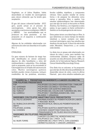FUNDAMENTOS DE ONCOLOGÍA
Vogelstein, en el Johns Hopkins, había
desarrollado un modelo de carcinogénesis
para cáncer colorectal, que ha tenido gran
aceptación.
El gen del cáncer colorectal familiar (FCC
gen), puede actuar en el proceso de
carcinogénesis,
otros genes han sido
asociados a carcinoma no polipósico: hMLH1
y hMSH2.
Las anormalidades que se
producen en estos pacientes
se han
propuesto en el esquema a continuación
mencionado:
Algunas de las entidades relacionadas con
carcinoma de colon son descritas en el cuadro
Nro.- 1
ETIOLOGIA
Un gran número de factores de riesgo han
sido identificados en cáncer colorectal,
algunos de ellos hereditarios y otros del
medioambiente o adquiridos. Una etiología
viral es propuesta, pues se ha encontrado el
Citomegalovirus en el tejido del carcinoma de
colon. Muchos carcinógenos químicos
también pueden iniciar el proceso, incluyen
metabolitos de las proteínas, amoníaco,

fenoles volátiles, triptófano, y compuestos
nitrosos. Estos pueden resultar de ciertas
forma s de preparar los alimentos como
carnes y pescados fritos o asados. Los
estudios epidemiológicos han determinado
que este tipo de tumor es frecuente en Norte
América, Sur América, y en migrantes a estos
países, lo que sugiere un factor ambiental o
dietético en la etiopatogenia de este tumor.
Estos países tienen una dieta baja en fibra, la
que determina un menor tiempo de tránsito
intestinal, y menor contacto con algún
eventual carcinógeno, pero hay estudios que
desdicen de este teoría. A favor de esta teoría
están Mendelof, Drasar-Irvin; y en contra
están Zaridze.
La dieta rica en grasas está relacionada con
cáncer de colon y recto, pero también hay
controversias (Zaridze), tampoco están de
acuerdo con ésta afirmación Jensen OM y un
estudio de la International Agency Research
Cancer Intestinal Mycroecology Group.
Una dieta rica en azúcares, se ha propuesto
que este tipo de dite eleva las posibilidades de
desarrollar cáncer de colon, como lo afirma
Haenzel, pero otros estudios realizados por

CUADRO No.-1 PREDISPOSICION INHERENTE A CANCER COLORECTAL
CON POLIPOSIS PREEXISTENTE
POLIPOSIS COLONICA ADENOMATOSA FAMILIAR
FAP
POLIPOSIS COLONICA Y EXTRACOLONICA
Sd. GARDNER
POLIPOSIS CON QUISTES SEBACEOS
Sd. OLDFIELD
POLIPOSIS DEL COLON CON TUMORES DEL SNC.
Sd. TURCOT
POLIPOSIS Y ANORMALIDADES DEL VIAS
Sd. CARROLI
BILIARES Y URINARIAS
SINDROMES CON POLIPOS AMARTOMATOSOS PREEXISTENTES
ANORMALIDADES DE PIGMENTACION EN LABIOS
Sd. PEUTZ-JEGHERS
Y MUCOSA BUCAL
Sd. RUBALCAVA-MYHRE- MACROCEFALIA, MACULAS PIGMENTADAS EN
PENE
SMITH
POLIPOSIS QUISTICA AMARTOMATOSA
POLIPOSIS JUVENIL
LESIONES HAMARTOMATOSAS MULTIPLES
Sd. COWDEN
PRIMARIAMENTE EN TEJIDO MUCOCUTANEO
SINDROMES SIN POLIPOSIS PREEXISTENTE
CANCER COLORECTAL HEREDITARIO NO
HNPCC
POLIPOSICO (Sd. LYNCH I y II)
SINDROME DE LYNCH TIPO II, CON LESIONES
Sd. MUIR-TORRE
DERMATOLOGICAS Y CANCER LARINGEO

203

 