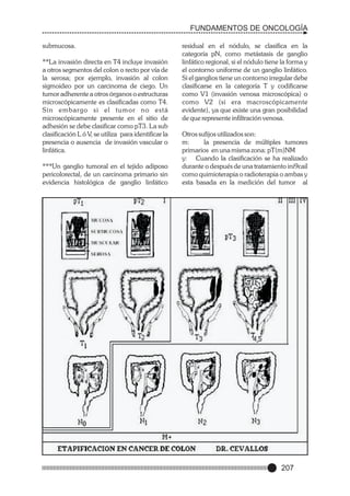 FUNDAMENTOS DE ONCOLOGÍA
submucosa.
**La invasión directa en T4 incluye invasión
a otros segmentos del colon o recto por vía de
la serosa; por ejemplo, invasión al colon
sigmoideo por un carcinoma de ciego. Un
tumor adherente a otros órganos o estructuras
microscópicamente es clasificadas como T4.
Sin embargo si el tumor no está
microscópicamente presente en el sitio de
adhesión se debe clasificar como pT3. La sub
clasificación L ó V, se utiliza para identificar la
presencia o ausencia de invasión vascular o
linfática.
***Un ganglio tumoral en el tejido adiposo
pericolorectal, de un carcinoma primario sin
evidencia histológica de ganglio linfático

residual en el nódulo, se clasifica en la
categoría pN, como metástasis de ganglio
linfático regional, si el nódulo tiene la forma y
el contorno uniforme de un ganglio linfático.
Si el ganglios tiene un contorno irregular debe
clasificarse en la categoría T y codificarse
como V1 (invasión venosa microscópica) o
como V2 (si era macroscópicamente
evidente), ya que existe una gran posibilidad
de que represente infiltración venosa.
Otros sufijos utilizados son:
m:
la presencia de múltiples tumores
primarios en una misma zona: pT(m)NM
y: Cuando la clasificación se ha realizado
durante o después de una tratamiento ini9cail
como quimioterapia o radioterapia o ambas y
esta basada en la medición del tumor al

207

 