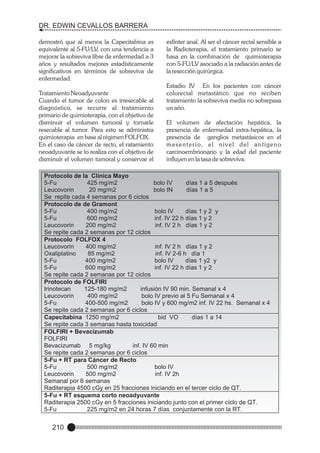 DR. EDWIN CEVALLOS BARRERA
demostró que al menos la Capecitabina es
equivalente al 5-FU/LV, con una tendencia a
mejorar la sobreviva libre de enfermedad a 3
años y resultados mejores estadísticamente
significativos en términos de sobreviva de
enfermedad.
Tratamiento Neoadyuvante
Cuando el tumor de colon es irresecable al
diagnóstico, se recurre al tratamiento
primario de quimioterapia, con el objetivo de
disminuir el volumen tumoral y tornarle
resecable al tumor. Para esto se administra
quimioterapia en base al régimen FOLFOX.
En el caso de cáncer de recto, el ratamiento
neoadyuvante se lo realiza con el objetivo de
disminuir el volumen tumoral y conservar el

esfínter anal. Al ser el cáncer rectal sensible a
la Radioterapia, el tratamiento primario se
basa en la combinación de quimioterapia
con 5-FU/LV asociado a la radiación antes de
la resección quirúrgica.
Estadio IV En los pacientes con cáncer
colorectal metastático que no reciben
tratamiento la sobreviva media no sobrepasa
un año.
El volumen de afectación hepática, la
presencia de enfermedad extra-hepática, la
presencia de ganglios metastásicos en el
m e s e n t e r i o, e l n i v e l d e l a n t í g e n o
carcinoembrionario y la edad del paciente
influyen en la tasa de sobreviva.

Protocolo de la Clínica Mayo
5-Fu
425 mg/m2
bolo IV
días 1 a 5 después
Leucovorin
20 mg/m2
bolo IN
días 1 a 5
Se repite cada 4 semanas por 6 ciclos
Protocolo de de Gramont
5-Fu
400 mg/m2
bolo IV
días 1 y 2 y
5-Fu
600 mg/m2
inf. IV 22 h días 1 y 2
Leucovorin
200 mg/m2
inf. IV 2 h días 1 y 2
Se repite cada 2 semanas por 12 ciclos
Protocolo FOLFOX 4
Leucovorin
400 mg/m2
inf. IV 2 h días 1 y 2
Oxaliplatino
85 mg/m2
inf. IV 2-6 h día 1
5-Fu
400 mg/m2
bolo IV
días 1 y2 y
5-Fu
600 mg/m2
inf. IV 22 h días 1 y 2
Se repite cada 2 semanas por 12 ciclos
Protocolo de FOLFIRI
Irinotecan
125-180 mg/m2
infusión IV 90 min. Semanal x 4
Leucovorin
400 mg/m2
bolo IV previo al 5 Fu Semanal x 4
5-Fu
400-500 mg/m2
bolo IV y 600 mg/m2 inf. IV 22 hs. Semanal x 4
Se repite cada 2 semanas por 6 ciclos
Capecitabina 1250 mg/m2
bid VO
días 1 a 14
Se repite cada 3 semanas hasta toxicidad
FOLFIRI + Bevacizumab
FOLFIRI
Bevacizumab 5 mg/kg
inf. IV 60 min
Se repite cada 2 semanas por 6 ciclos
5-Fu + RT para Cáncer de Recto
5-Fu
500 mg/m2
bolo IV
Leucovorin
500 mg/m2
inf. IV 2h
Semanal por 6 semanas
Raditerapia 4500 cGy en 25 fracciones iniciando en el tercer ciclo de QT.
5-Fu + RT esquema corto neoadyuvante
Raditerapia 2500 cGy en 5 fracciones iniciando junto con el primer ciclo de QT.
5-Fu
225 mg/m2 en 24 horas 7 días conjuntamente con la RT.

210

 