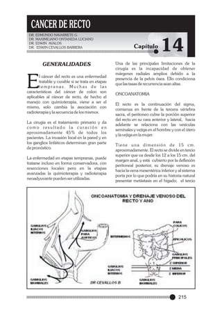 CANCER DE RECTO
DR. EDMUNDO NAVARRETE G.
DR. MAXIMILIANO ONTANEDA LUCIANO
DR. EDWIN AVALOS
DR. EDWIN CEVALLOS BARRERA

GENERALIDADES

E

l cáncer del recto es una enfermedad
tratable y curable si se trata en etapas
tempranas. Muchas de las
características del cáncer de colon son
aplicables al cáncer de recto, de hecho el
manejo con quimioterapia, viene a ser el
mismo, solo cambia la asociación con
radioterapia y la secuencia de los mismos.
La cirugía es el tratamiento primario y da
como resultado la curación en
aproximadamente 45% de todos los
pacientes. La invasión local en la pared y en
los ganglios linfáticos determinan gran parte
de pronóstico.
La enfermedad en etapas tempranas, puede
tratarse incluso en forma conservadora, con
resecciones locales pero en la etapas
avanzadas la quimioterapia y radioterapia
neoadyuvante pueden ser utilizadas.

Capítulo

14

Una de las principales limitaciones de la
cirugía es la incapacidad de obtener
márgenes radiales amplios debido a la
presencia de la pelvis ósea. Ello condiciona
que las tasas de recurrencia sean altas.
ONCOANATOMIA
El recto es la continuación del sigma,
comienza en frente de la tercera vértebra
sacra, el peritoneo cubre la porción superior
del recto en su cara anterior y lateral, hacia
adelante se relaciona con las vesículas
seminales y vejiga en el hombre y con el útero
y la vejiga en la mujer.
Ti e n e u n a d i m e n s i ó n d e 1 5 c m .
aproximadamente. El recto se divide en tercio
superior que va desde los 12 a los 15 cm. del
margen anal, y está cubierto por la deflexión
peritoneal posterior, su drenaje venoso es
hacia la vena mesentérica inferior y al sistema
porta por lo que podría en su historia natural
presentar metástasis en el hígado; el tercio

215

 