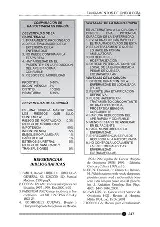 FUNDAMENTOS DE ONCOLOGÍA
COMPARACIÓN DE
RADIOTERAPIA VS CIRUGÍA
DESVENTAJAS DE LA
RADIOTERAPIA
1. TRATAMIENTO PROLONGADO
2. DIFICIL EVALUACIÓN DE LA
EXTENSIÓN DE LA
ENFERMEDAD
3. NO PUEDE CONFIRMAR LA
ETAPA REAL
4. HAY ANSIEDAD EN EL
PACIENTE Y EN LA REDUCCION
DEL APE EN FORMA
CONFIABLE
5. RIESGOS DE MORBILIDAD
PROCTITIS:
INCONTINENCIA:
CISTITIS.
HEMATURIA:

5-10%
3%
10-20%
5-10%

DESVENTAJAS DE LA CIRUGÍA
ES UNA CIRUGÍA MAYOR CON
LOS
RIESGOS
QUE
ELLO
CONTEMPLA:
RIESGO DE MORTALIDAD
0.3%
RIESGO DE MORBILIDAD:
IMPOTENCIA
50%
INCONTINENCIA
5%
EMBOLISMO PULMONAR.
1%
DAÑO RECTAL
1%
ESTENOSIS URETRAL
5%
RIESGO DE SANGRADO Y
TRANSFUSIONES
5%

REFERENCIAS
BIBLIOGRÁFICAS
1. SMITH, Donald LIBRO DE UROLOGIA
GENERAL XII EDICION ED Manual
Moderno 1998 pag 9.
2. CORRAL FABIAN, Cáncer en Regiones del
Ecuador, 1997-1999. Ene 2000. p:37
3. PARKIN DM IARC Cancer incidence in five
continents vol VII, 1997 PAG 873-4,y
1023-24
4. RODRIGUEZ CUEVAS, Registro
Histopatoi6gico de Neoplasias en México,

VENTAJAS DE LA RADIOTERAPIA
ES ALTERNATIVA A LA CIRUGIA Y
OFRECE
UNA
POTENCIAL
CURACION DE LA ENFERMEDAD
1. EVITA UNA CIRUGÍA MAYOR Y
EL TRAUMADERIVADO DE ESTA
2. ES UN TRATAMIENTO QUE SE
LO HACE EN FORMA
AMBULATORIA
3. NO REQUIERE
HOSPITALIZACION
4. OFRECE POTENCIAL CONTROL
LOCAL DE LA ENFERMEDAD A
PESAR DE QUE SEA
EXTRACAPSULAR
VENTAJAS DE LA CIRUGIA
1. OFRECE CURACIÓN SI LA
ENFERMEDAD ES LOCALIZADA
(T1-T2)
2. PERMITE UNA ETAPIFICACIÓN
DEFINITIVA.
3. PUEDE HACERSE UN
TRATAMIENTO CONCOMITANTE
DE UNA HIPERTROFIA
PROSTATICA BENIGNA
CONCURRETE
4. HAY UNA REDUCCCION DEL
APE RÁPIDA Y CONFIABLE
5. MENOR ESTADO DE ANSIEDAD
EN EL PACIENTE
6. FACIL MONITOREO DE LA
ENFERMEDAD
7. EN RECURRENCIA SE PUEDE
RECURRIR A LA RADIOTERAPIA
8. NO CONTROLA LOCALMENTE
LA ENFERMEDAD SI HAY
ENFERMEDAD
EXTRACAPSULAR

1993-1996.Registro de Cáncer Hospital
de Oncología IMSS, 1996. Editorial
Ciencia y Cultura 1.999. p.16.
5.LEE, N.; Fawwaaz, R.; Olsson, C.; Benson,
M.: Which patients with newly diagnosed
prostate cancer need a radionuclide bone
scan ? An analysis based on 631 patients
Int. J. Radiation Oncology Bio. Phys.
48(5): 1443-1446, 2000.
6.CEVALLOS, BE. Cáncer en El Servicio de
Oncología HG1. Revista el Hospital
Militar HG1, pag. 15 Dic.2001
7.TORRES GA, Manual para el tratamiento

247

 