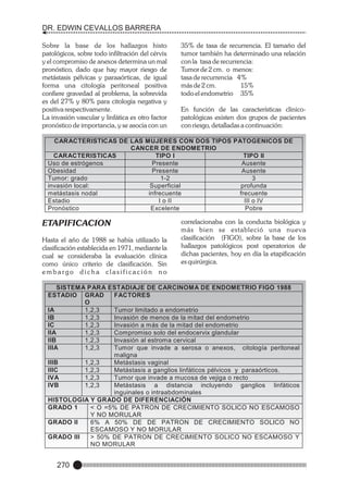 DR. EDWIN CEVALLOS BARRERA
Sobre la base de los hallazgos histo
patológicos, sobre todo infiltración del cérvix
y el compromiso de anexos determina un mal
pronóstico, dado que hay mayor riesgo de
metástasis pélvicas y paraaórticas, de igual
forma una citología peritoneal positiva
confiere gravedad al problema, la sobrevida
es del 27% y 80% para citología negativa y
positiva respectivamente.
La invasión vascular y linfática es otro factor
pronóstico de importancia, y se asocia con un

35% de tasa de recurrencia. El tamaño del
tumor también ha determinado una relación
con la tasa de recurrencia:
Tumor de 2 cm. o menos:
tasa de recurrencia 4%
más de 2 cm.
15%
todo el endometrio 35%
En función de las características clinicopatológicas existen dos grupos de pacientes
con riesgo, detalladas a continuación:

CARACTERISTICAS DE LAS MUJERES CON DOS TIPOS PATOGENICOS DE
CANCER DE ENDOMETRIO
CARACTERISTICAS
TIPO I
TIPO II
Uso de estrógenos
Presente
Ausente
Obesidad
Presente
Ausente
Tumor: grado
1-2
3
invasión local:
Superficial
profunda
metástasis nodal
infrecuente
frecuente
Estadio
I o II
III o IV
Pronóstico
Excelente
Pobre

ETAPIFICACION
Hasta el año de 1988 se había utilizado la
clasificación establecida en 1971, mediante la
cual se consideraba la evaluación clínica
como único criterio de clasificación. Sin
embargo dicha clasificación no

correlacionaba con la conducta biológica y
más bien se estableció una nueva
clasificación (FIGO), sobre la base de los
hallazgos patológicos post operatorios de
dichas pacientes, hoy en día la etapificación
es quirúrgica.

SISTEMA PARA ESTADIAJE DE CARCINOMA DE ENDOMETRIO FIGO 1988
ESTADIO GRAD
FACTORES
O
IA
1,2,3
Tumor limitado a endometrio
IB
1,2,3
Invasión de menos de la mitad del endometrio
IC
1,2,3
Invasión a más de la mitad del endometrio
IIA
1,2,3
Compromiso solo del endocervix glandular
IIB
1,2,3
Invasión al estroma cervical
IIIA
1,2,3
Tumor que invade a serosa o anexos, citología peritoneal
maligna
IIIB
1,2,3
Metástasis vaginal
IIIC
1,2,3
Metástasis a ganglios linfáticos pélvicos y paraaórticos.
IVA
1,2,3
Tumor que invade a mucosa de vejiga o recto
IVB
1,2,3
Metástasis a distancia incluyendo ganglios linfáticos
inguinales o intraabdominales
HISTOLOGIA Y GRADO DE DIFERENCIACIÓN
GRADO 1
< O =5% DE PATRON DE CRECIMIENTO SOLICO NO ESCAMOSO
Y NO MORULAR
GRADO II
6% A 50% DE DE PATRON DE CRECIMIENTO SOLICO NO
ESCAMOSO Y NO MORULAR
GRADO III
> 50% DE PATRON DE CRECIMIENTO SOLICO NO ESCAMOSO Y
NO MORULAR

270

 