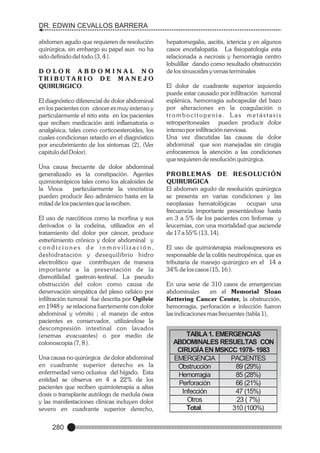 DR. EDWIN CEVALLOS BARRERA
abdomen agudo que requieren de resolución
quirúrgica, sin embargo su papel aun no ha
sido definido del todo.(3, 4 ).
DOLOR ABDOMINAL NO
T R I B U TA R I O D E M A N E J O
QUIRURGICO.
El diagnóstico diferencial de dolor abdominal
en los pacientes con cáncer es muy extenso y
particularmente el reto esta en los pacientes
que reciben medicación anti inflamatoria o
analgésica, tales como corticoesteroides, los
cuales condicionan retardo en el diagnóstico
por encubrimiento de los síntomas (2), (Ver
capitulo del Dolor).
Una causa frecuente de dolor abdominal
generalizado es la constipación. Agentes
quimioterápicos tales como los alcaloides de
la Vinca
particularmente la vincristina
pueden producir íleo adinámico hasta en la
mitad de los pacientes que la reciben.
El uso de narcóticos como la morfina y sus
derivados o la codeína, utilizados en el
tratamiento del dolor por cáncer, produce
estreñimiento crónico y dolor abdominal y
condiciones de inmovilización,
deshidratación y desequilibrio hidro
electrolítico que contribuyen de manera
importante a la presentación de la
dismotilidad gastroin-testinal. La pseudo
obstrucción del colon como causa de
denervación simpática del plexo celiáco por
infiltración tumoral fue descrita por Ogilvie
en 1948 y se relaciona fuertemente con dolor
abdominal y vómito ; el manejo de estos
pacientes es conservador, utilizándose la
descompresión intestinal con lavados
(enemas evacuantes) o por medio de
colonoscopia (7, 8 ).
Una causa no quirúrgica de dolor abdominal
en cuadrante superior derecho es la
enfermedad veno oclusiva del hígado. Esta
entidad se observa en 4 a 22% de los
pacientes que reciben quimioterapia a altas
dosis o transplante autólogo de medula ósea
y las manifestaciones clínicas incluyen dolor
severo en cuadrante superior derecho,

280

hepatomegalia, ascitis, ictericia y en algunos
casos encefalopatía. La fisiopatología esta
relacionada a necrosis y hemorragia centro
lobulillar dando como resultado obstrucción
de los sinusoides y venas terminales
El dolor de cuadrante superior izquierdo
puede estar causado por infiltración tumoral
esplénica, hemorragia subcapsular del bazo
por alteraciones en la coagulación o
trombocitopenia. Las metástasis
retroperitoneales pueden producir dolor
intenso por infiltración nerviosa.
Una vez discutidas las causas de dolor
abdominal que son manejadas sin cirugía
enfocaremos la atención a las condiciones
que requieren de resolución quirúrgica.
PROBLEMAS DE RESOLUCIÓN
QUIRURGICA
El abdomen agudo de resolución quirúrgica
se presenta en varias condiciones y las
neoplasias hematológicas
ocupan una
frecuencia importante presentándose hasta
en 3 a 5% de los pacientes con linfomas y
leucemias, con una mortalidad que asciende
de 17 a 55% (13, 14).
El uso de quimioterapia mielosupresora es
responsable de la colitis neutropénica, que es
tributaria de manejo quirúrgico en el 14 a
34% de los casos (15, 16 ).
En una serie de 310 casos de emergencias
abdominales
en el Memorial Sloan
Kettering Cancer Center, la obstrucción,
hemorragia, perforación e infección fueron
las indicaciones mas frecuentes (tabla 1),

TABLA 1. EMERGENCIAS
ABDOMINALES RESUELTAS CON
CIRUGÍA EN MSKCC 1978- 1983
EMERGENCIA
PACIENTES
Obstrucción
89 (29%)
Hemorragia
85 (28%)
Perforación
66 (21%)
Infección
47 (15%)
Otros
23 ( 7%)
Total.
310 (100%)

 