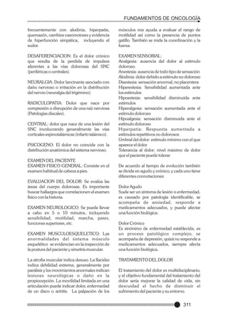 FUNDAMENTOS DE ONCOLOGÍA
frecuentemente con alodinia, hiperpatía,
quemazón, cambios vasomotores y evidencia
de hiperfunción simpática, incluyendo el
sudor.

músculos nos ayuda a evaluar el rango de
motilidad así como la presencia de puntos
gatillo. También se mide la coordinación y la
fuerza.

DESAFERENCIACION: Es el dolor crónico
que resulta de la perdida de impulsos
aferentes a las vías dolorosas del SNC
(periféricas o centrales).

EXAMEN SENSORIAL:
Analgesia: ausencia del dolor al estímulo
doloroso.
Anestesia: ausencia de todo tipo de sensación
Alodinia: dolor debido a estímulo no doloroso
Disestesia: sensación anormal, no placentera
Hiperestesia: Sensibilidad aumentada ante
los estímulos
Hipoestesia: sensibilidad disminuida ante
estímulos
Hiperalgesia: sensación aumentada ante el
estímulo doloroso
Hipoalgesia: sensación disminuida ante el
estímulo doloroso
Hiperpatía: Respuesta aumentada a
estímulos repetitivos no dolorosos
Umbral del dolor: estímulo mínimo con el que
aparece el dolor
Tolerancia al dolor: nivel máximo de dolor
que el paciente puede tolerar

NEURALGIA: Dolor lancinante asociado con
daño nervioso o irritación en la distribución
del nervio (neuralgia del trigémino).
RADICULOPATIA: Dolor que nace por
compresión o disrupción de una raíz nerviosa
(Patologías discales).
CENTRAL: dolor que nace de una lesión del
SNC involucrando generalmente las vías
corticales espinotalámicas (infarto talámico).
PSICOGENO: El dolor no coincide con la
distribución anatómica del sistema nervioso.
EXAMEN DEL PACIENTE
EXAMEN FISICO GENERAL: Consiste en el
examen habitual de cabeza a pies.
EVALUACION DEL DOLOR: Se evalúa las
áreas del cuerpo dolorosas. Es importante
buscar hallazgos que correlacionen el examen
físico con la historia.
EXAMEN NEUROLOGICO: Se puede llevar
a cabo en 5 o 10 minutos, incluyendo
sensibilidad, motilidad, marcha, pares,
funciones superiores, etc.
EXAMEN MUSCULOESQUELETICO: Las
anormalidades del sistema músculo
esquelético se evidencian en la inspección de
la postura del paciente y simetría muscular.
La atrofia muscular indica desuso. La flacidez
indica debilidad extrema, generalmente por
parálisis y los movimientos anormales indican
lesiones neurológicas o daño en la
propiocepción. La movilidad limitada en una
articulación puede indicar dolor, enfermedad
de un disco o artritis. La palpación de los

De acuerdo al tiempo de evolución también
se divide en agudo y crónico, y cada uno tiene
diferentes connotaciones:
Dolor Agudo
Suele ser un síntoma de lesión o enfermedad,
es causado por patología identificable, se
acompaña de ansiedad, responde a
medicamentos adecuados, y puede afectar
una función biológica.
Dolor Crónico
Es sinónimo de enfermedad establecida, es
un proceso patológico complejo, se
acompaña de depresión, quizá no responde a
medicamentos adecuados, siempre afecta
una función biológica.
TRATAMIENTO DEL DOLOR
El tratamiento del dolor es multidisciplinario,
y el objetivo fundamental del tratamiento del
dolor sería mejorar la calidad de vida, sin
descuidad el hecho de disminuir el
sufrimiento del paciente y su entorno.

311

 