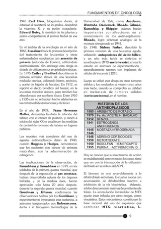FUNDAMENTOS DE ONCOLOGÍA
1943 Carl Dam, bioquímico danés, al
estudiar el colesterol de los pollos, descubrió
la vitamina K, y su poder coagulante.
Edward Doisy, la sintetizó de las plantas y
juntos compartieron el premio Nobel de ese
año.
En el ámbito de la oncología en el año de
1865, Lissahuer hace la primera descripción
del tratamiento de leucemias y otras
enfermedades neoplásicas con arsenito de
potasio (solución de Fowler), utilizándolo
sistémicamente. Sin embrago esta droga es
dejada de utilizar por sus propiedades tóxicas.
En 1875 Cutler y Bradford describieron la
primera remisión clínica de una leucemia
mieloide crónica, utilizando hierro, arsénico,
y aceite de hígado de bacalao. En 1912, se
reportó el efecto benéfico del benzol, en la
leucemia mieloide crónica, pero también fue
abandonado por su efecto tóxico. Entre 1910
y 1935 casi no se habían hecho adelantos en
las enfermedades infecciosas y el cáncer.
En el año de 1939, Franz Hermann
Muller, demuestra también la relación del
tabaco con el cáncer de pulmón, y recién a
inicios del siglo XX se establecen las medidas
de control de consumo de tabaco en lugares
públicos.
Los reportes más completos del uso de
agentes antineoplásicos datan de 1940,
cuando Huggins y Hodges, demostraron
que los pacientes con cáncer de próstata
mejoraban, con la administración de
estrógenos.
Las implicaciones de la observación, de
Krumbhaar y Krumbhaar en 1919, en los
soldados de la primera guerra mundial, que
después de la exposición al gas mostaza,
habían desarrollado aplasia de los órganos
linfoides y de la médula ósea, fueron
apreciadas solo hasta 20 años después,
durante la segunda guerra mundial, cuando
Goodman y Gilman, confirmaron las
observaciones hechas por los Kumbhaar, y
experimentaron inyectando esta sustancia, a
animales trasplantados con linfosarcoma.
Junto a él trabajaron hematólogos de la

Universidad de Yale, como Jacobson,
Wintrobe, Dameshek, Rhoads, Gilman,
Karnofsky, y Skipper; quienes harían
importantes contribuciones en el
conocimiento de los antineoplásicos.
Rhoads, logró sintetizar análogos de la
mostaza nitrogenada en 1947.
En 1948, Sidney Farber, describió la
primera remisión de una leucemia aguda,
utilizando antagonistas del ácido fólico,
y un año más tarde se sintetiza el
amethopterin (MTX-metotrexate), el cual lo
estudio en animales de experimentación ,
especificamente ratones con implantes de
células de leucemia L1210.
Luego se utilizó esta droga en otros tumores
sólidos y los resultados se vieron cinco años
más tarde, cuando se comprobó su utilidad
e n m e t á s t a s i s d e t u m o re s s ó l i d o s
(coriocarcinoma), en el hombre.

HISTORIA DE LOS
ANTINEOPLASICOS
1865
1875
1912
1941
1945
1946
1948
1950
1950
1955

ARSENITO DE POTASIO
Fe, As, ACEITE H. BACALAO
BENZOL
ESTROGENOS
ANDROGENOS
MOSTAZA NITROGENADA
ADRENO CORTICOIDES
METOTREXATE
BUSULFAN 6-MERCAPTO
PURINA ACTINOMICINA D

Hoy se conoce que su mecanismo de acción
es multifactorial pero en todos los casos tiene
que ver con la interrupción de la utilización
del folato en la síntesis del ADN.
El fármaco se une reversiblemente a la
dihidrofolato reductasa, lo cual se asocia con
acumulación de dihidrofolato inactivo e
inhibición de la vía biosintética. Además,
inhibe directamente enzimas dependientes de
folato. La acumulación intracelular de MTX
puede estar influida por otras drogas, como
vincristina. Estos mecanismos constituyen la
base racional del uso de esquemas que
combinan MTX, vincristina, L-

9

 