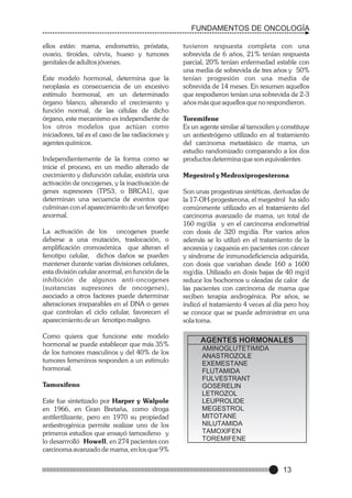 FUNDAMENTOS DE ONCOLOGÍA
ellos están: mama, endometrio, próstata,
ovario, tiroides, cérvix, hueso y tumores
genitales de adultos jóvenes.
Este modelo hormonal, determina que la
neoplasia es consecuencia de un excesivo
estímulo hormonal, en un determinado
órgano blanco, alterando el crecimiento y
función normal, de las células de dicho
órgano, este mecanismo es independiente de
los otros modelos que actúan como
iniciadores, tal es el caso de las radiaciones y
agentes químicos.
Independientemente de la forma como se
inicie el proceso, en un medio alterado de
crecimiento y disfunción celular, existiría una
activación de oncogenes, y la inactivación de
genes supresores (TP53, o BRCA1), que
determinan una secuencia de eventos que
culminan con el aparecimiento de un fenotipo
anormal.
La activación de los oncogenes puede
deberse a una mutación, traslocación, o
amplificación cromosómica que alteran el
fenotipo celular, dichos daños se pueden
mantener durante varias divisiones celulares,
esta división celular anormal, en función de la
inhibición de algunos anti-oncogenes
(sustancias supresores de oncogenes),
asociado a otros factores puede determinar
alteraciones irreparables en el DNA o genes
que controlan el ciclo celular, favorecen el
aparecimiento de un fenotipo maligno.
Como quiera que funcione este modelo
hormonal se puede establecer que más 35%
de los tumores masculinos y del 40% de los
tumores femeninos responden a un estímulo
hormonal.
Tamoxifeno
Este fue sintetizado por Harper y Walpole
en 1966, en Gran Bretaña, como droga
antifertilizante, pero en 1970 su propiedad
antiestrogénica permite realizar uno de los
primeros estudios que ensayó tamoxifeno y
lo desarrrolló Howell, en 274 pacientes con
carcinoma avanzado de mama, en los que 9%

tuvieron respuesta completa con una
sobrevida de 6 años, 21% tenían respuesta
parcial, 20% tenían enfermedad estable con
una media de sobrevida de tres años y 50%
tenían progresión con una media de
sobrevida de 14 meses. En resumen aquellos
que respodieron tenían una sobrevida de 2-3
años más que aquellos que no respondieron.
Toremifene
Es un agente similar al tamoxifen y constituye
un antiestrógeno utilizado en al tratamiento
del carcinoma metastásico de mama, un
estudio randomizado comparando a los dos
productos determina que son equivalentes.
Megestrol y Medroxiprogesterona
Son unas progestinas sintéticas, derivadas de
la 17-OH-progesterona, el megestrol ha sido
comúnmente utilizado en el tratamiento del
carcinoma avanzado de mama, un total de
160 mg/día y en el carcinoma endometrial
con dosis de 320 mg/día. Por varios años
además se lo utilizó en el tratamiento de la
anorexia y caquexia en pacientes con cáncer
y síndrome de inmunodeficiencia adquirida,
con dosis que variaban desde 160 a 1600
mg/día. Utilizado en dosis bajas de 40 mg/d
reduce los bochornos u oleadas de calor de
las pacientes con carcinoma de mama que
reciben terapia androgénica. Por años, se
indicó el tratamiento 4 veces al día pero hoy
se conoce que se puede administrar en una
sola toma.

AGENTES HORMONALES
AMINOGLUTETIMIDA
ANASTROZOLE
EXEMESTANE
FLUTAMIDA
FULVESTRANT
GOSERELIN
LETROZOL
LEUPROLIDE
MEGESTROL
MITOTANE
NILUTAMIDA
TAMOXIFEN
TOREMIFENE

13

 