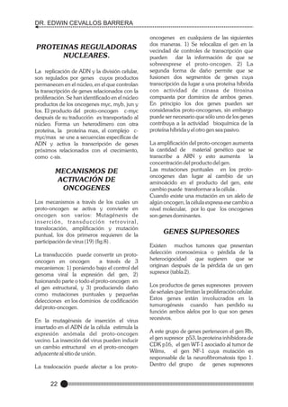 DR. EDWIN CEVALLOS BARRERA

PROTEINAS REGULADORAS
NUCLEARES.
La replicación de ADN y la división celular,
son regulados por genes cuyos productos
permanecen en el núcleo, en el que controlan
la transcripción de genes relacionados con la
proliferación. Se han identificado en el núcleo
productos de los oncogenes myc, myb, jun y
fos. El producto del proto-oncogen c-myc
después de su traducción es transportado al
núcleo. Forma un heterodímero con otra
proteína, la proteína max, el complejo cmyc/max se une a secuencias específicas de
ADN y activa la transcripción de genes
próximos relacionados con el crecimiento,
como c-sis.

MECANISMOS DE
ACTIVACIÓN DE
ONCOGENES
Los mecanismos a través de los cuales un
proto-oncogen se activa y convierte en
oncogen son varios: Mutagénesis de
i n s e rc i ó n , t r a n s d u c c i ó n re t r o v i r a l ,
translocación, amplificación y mutación
puntual, los dos primeros requieren de la
participación de virus (19) (fig.8) .
La transducción puede convertir un protooncogen en oncogen
a través de 3
mecanismos: 1) poniendo bajo el control del
genoma viral la expresión del gen, 2)
fusionando parte o todo el proto-oncogen en
el gen estructural, y 3) produciendo daño
como mutaciones puntuales y pequeñas
delecciones en los dominios de codificación
del proto-oncogen.
En la mutagénesis de inserción el virus
insertado en el ADN de la célula estimula la
expresión anómala del proto-oncogen
vecino. La inserción del virus pueden inducir
un cambio estructural en el proto-oncogen
adyacente al sitio de unión.
La traslocación puede afectar a los proto-

22

oncogenes en cualquiera de las siguientes
dos maneras. 1) Se relocaliza el gen en la
vecindad de controles de transcripción que
pueden dar la información de que se
sobreexprese el proto-oncogen. 2) La
segunda forma de daño permite que se
fusionen dos segmentos de genes cuya
transcripción da lugar a una proteína híbrida
con actividad de cinasa de tirosina
compuesta por dominios de ambos genes.
En principio los dos genes pueden ser
considerados proto-oncogenes, sin embargo
puede ser necesario que sólo uno de los genes
contribuya a la actividad bioquímica de la
proteína híbrida y el otro gen sea pasivo.
La amplificación del proto-oncogen aumenta
la cantidad de material genético que se
transcribe a ARN y esto aumenta
la
concentración del producto del gen.
Las mutaciones puntuales en los protooncogenes dan lugar al cambio de un
aminoácido en el producto del gen, este
cambio puede transformar a la célula .
Cuando existe una mutación en un alelo de
algún oncogen, la célula expresa ese cambio a
nivel molecular, por lo que los oncogenes
son genes dominantes.

GENES SUPRESORES
Existen muchos tumores que presentan
delección cromosómica o pérdida de la
heterocigocidad
que sugieren
que se
originan después de la pérdida de un gen
supresor (tabla 2).
Los productos de genes supresores proveen
de señales que limitan la proliferación celular.
Estos genes están involucrados en la
tumurogénesis cuando han perdido su
función ambos alelos por lo que son genes
recesivos.
A este grupo de genes pertenecen el gen Rb,
el gen supresor p53, la proteina inhibidora de
CDK p16, el gen WT-1 asociado al tumor de
Wilms, el gen NF-1 cuya mutación es
responsable de la neurofibromatosis tipo 1.
Dentro del grupo de genes supresores

 