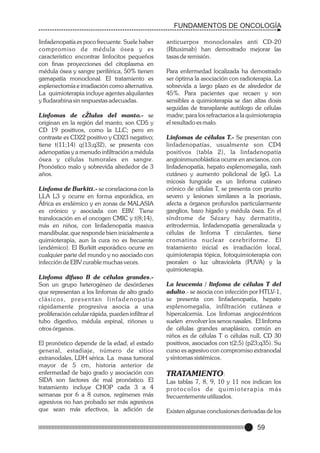 FUNDAMENTOS DE ONCOLOGÍA
linfadenopatía es poco frecuente. Suele haber
compromiso de médula ósea y es
característico encontrar linfocitos pequeños
con finas proyecciones del citoplasma en
médula ósea y sangre periférica, 50% tienen
gamapatía monoclonal. El tratamiento es
esplenectomía e irradiación como alternativa.
La quimioterapia incluye agentes alquilantes
y fludarabina sin respuestas adecuadas.
Linfomas de cŽlulas del manto.- se
originan en la región del manto, son CD5 y
CD 19 positivos, como la LLC; pero en
contraste es CD22 positivo y CD23 negativo;
tiene t(11;14) q(13;q32), se presenta con
adenopatías y a menudo infiltración a médula
ósea y células tumorales en sangre.
Pronóstico malo y sobrevida alrededor de 3
años.
Linfoma de Burkitt.- se correlaciona con la
LLA L3 y ocurre en forma esporádica, en
África es endémico y en zonas de MALASIA
es crónico y asociada con EBV. Tiene
translocación en el oncogen CMIC y t(8;14),
más en niños, con linfadenopatía masiva
mandibular, que responde bien inicialmente a
quimioterapia, aun la cura no es frecuente
(endémico). El Burkitt esporádico ocurre en
cualquier parte del mundo y no asociado con
infección de EBV curable muchas veces.
Linfoma difuso B de células grandes.Son un grupo heterogéneo de desórdenes
que representan a los linfomas de alto grado
c l á s i c o s , p re s e n t a n l i n f a d e n o p a t í a
rápidamente progresiva asocia a una
proliferación celular rápida, pueden infiltrar el
tubo digestivo, médula espinal, riñones u
otros órganos.
El pronóstico depende de la edad, el estado
general, estadiaje, número de sitios
extranodales, LDH sérica. La masa tumoral
mayor de 5 cm, historia anterior de
enfermedad de bajo grado y asociación con
SIDA son factores de mal pronóstico. El
tratamiento incluye CHOP cada 3 a 4
semanas por 6 a 8 cursos, regímenes más
agresivos no han probado ser más agresivos
que sean más efectivos, la adición de

anticuerpos monoclonales anti CD-20
(Rituximab) han demostrado mejorar las
tasas de remisión.
Para enfermedad localizada ha demostrado
ser óptima la asociación con radioterapia. La
sobrevida a largo plazo es de alrededor de
45%. Para pacientes que recaen y son
sensibles a quimioterapia se dan altas dosis
seguidas de transplante autólogo de células
madre; para los refractarios a la quimioterapia
el resultado es malo.
Linfomas de células T.- Se presentan con
linfadenopatías, usualmente son CD4
positivos (tabla 2), la linfadenopatía
angioinmunoblástica ocurre en ancianos, con
linfadenopatía, hepato esplenomegalia, rash
cutáneo y aumento policlonal de IgG. La
micosis fungoide es un linfoma cutáneo
crónico de células T, se presenta con prurito
severo y lesiones similares a la psoriasis,
afecta a órganos profundos particularmente
ganglios, bazo hígado y médula ósea. En el
síndrome de Sézary hay dermatitis,
eritrodermia, linfadenopatía generalizada y
células de linfoma T circulantes, tiene
cromatina nuclear cerebrifor me. El
tratamiento inicial es irradiación local,
quimioterapia tópica, fotoquimioterapia con
psoralen o luz ultravioleta (PUVA) y la
quimioterapia.
La leucemia / linfoma de células T del
adulto.- se asocia con infección por HTLV-1,
se presenta con linfadenopatía, hepato
esplenomegalia, infiltración cutánea e
hipercalcemia. Los linfomas angiocéntricos
suelen envolver los senos nasales. El linfoma
de células grandes anaplásico, común en
niños es de células T o células null, CD 30
positivos, asociados con t(2;5) (p23;q35). Su
curso es agresivo con compromiso extranodal
y síntomas sistémicos.

TRATAMIENTO:
Las tablas 7, 8, 9, 10 y 11 nos indican los
protocolos de quimioterapia más
frecuentemente utilizados.
Existen algunas conclusiones derivadas de los

59

 
