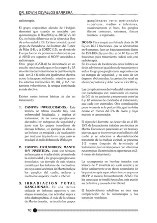 DR. EDWIN CEVALLOS BARRERA
radioterapia.
El grupo corporativo alemán de Hodgkin
demostró que cuando se asociaba con
quimioterapia, la Rt a 20 Gy vs. 30 GY. Vs. 40
Gy, no había diferencia en la sobrevida libre
de enfermedad. (13). Es bien conocido que el
grupo de Bonadona, del Instituto del Tumor
de Milar (14), y la EORTC (15), en el resto de
Europa fueron los primeros en demostrar que
el ABVD era superior al MOPP asociados a
radioterapia.
Otro grupo (GATLA) ha demostrado en un
estudio randomizado que en las etapas I y IIA
sin enfermedad voluminosa la quimioterapia
sola con 3 o 6 ciclos era igualmente efectiva
como la terapia combinada. mientras que en
los estadios intermedios IB, IIB, y IIIA con
tumores voluminosos, la terapia combinada
es más efectiva.
Existen varias formas básicas de dar un
tratamiento:
1. CAMPOS INVOLUCRADOS.- Esta
técnica se utiliza cuando hay una
enfermedad localizada, e implica el
tratamiento de las zonas ganglionares
afectadas con márgenes de seguridad y
junto con los grupos inmediatos de
drenaje linfático, un ejemplo de ellos es
un linfoma de amigdala o de localización
pre auricular izquierda en cuyo caso se
irradiará el anillo linfatico de Waldeyer.
2. CAMPOS EXTENDIDOS: MANTO
O/Y INVERTIDA.- estas son técnicas
en las cuales se irradia el sitio primario de
la enfermedad y los grupos ganglionares
inmediatos, un ejemplo de esta técnica
constituyen los linfomas de mediastino,
en cuyo caso la técnica de Manto incluye
los ganglios del cuello, axilares y
mediastino superior, medio e inferior.
3. I R R A D I A C I O N T O T A L
GANGLIONAR.- Es una técnica
utilizada en linfomas agresivos y con
etapas avanzadas, con actividad supra e
infra diafragmática. A más de la técnica
de Manto descrita, se irradia los grupos

70

g a n g l i o n a re s re t r o p e r i t o n e a l e s
superiores, medios e inferiores,
ocasionalmente el bazo, los ganglios
iliacos comunes, externos, iliacos
internos, e inguinales.
DOSIS: Para terapia combinada dosis de 30
Gy en 16-17 fracciones, que se administran
en 4 semanas. (con un fraccionamiento diario
de 150-180 cGy por día), y de 40 Gy en 22
fracciones para tratamiento radical solo con
radioterapia.
En los casos de localización extra linfática se
debe administrar igual dosis de tratamiento e
incluir los grupos ganglionares regionales con
un margen de seguridad, y en caso de ser
órganos abdominales, la protección renal en
el campo posterior y debe hacerse a los 20 Gy.
Las complicaciones derivadas del tratamiento
con radioterapia son: neumonitis en menos
del 5% de los pacientes y se presenta entre las
6 y 12 semanas de concluido el tratamiento,
que cede con esteroides. Otra complicación
poco frecuente es la pericarditis, que también
ocurre en menos del 5% de casos y cuyo
manejo es conservador.
El signo de Lhermitte, se desarrolla en el 1015% de los pacientes tratados con técnica de
Manto. Consiste en parestesias en los brazos y
piernas, que se incrementan con la flexión del
cuello y se relaciona a desmielinización
transitoria de la médula espinal, se presenta
1-2 meses después de terminado el
tratamiento, lo cual desaparece con vitaminas
neurotropas. Su remisión es espontánea en 26 meses sin tratamiento.
La azoospermia en hombre tratados con
técnica de Y invertida no suele ocurrir y se
debe basicamente a un efecto secundario de
la quimioterapia especialemnte con esquema
MOPP o menos frecuentemente ABVD. En
,
los casos que se irradió testículos, esta puede
ser definitiva y causa de infertilidad.
El hipotiroidismo subclínico es otra rara
complicación de la radioterapia y las
secundas neoplasias.

 
