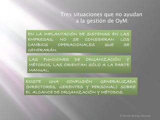 Tres situaciones que no ayudan
a la gestión de OyM:
EN LA IMPLANTACIÓN DE SISTEMAS EN LAS
EMPRESAS, NO SE CONSIDERAN LOS
CAMBIOS OPERACIONALES QUE SE
GENERARÁN.
LAS FUNCIONES DE ORGANIZACIÓN Y
MÉTODOS, LAS ORIENTAN SÓLO A LA PARTE
MANUAL.
EXISTE UNA CONFUSIÓN GENERALIZADA
(DIRECTORES, GERENTES Y PERSONAL) SOBRE
EL ALCANCE DE ORGANIZACIÓN Y MÉTODOS.
© Hernán Rodrigo Alvarado
 
