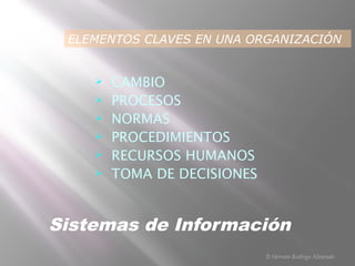 Ø CAMBIO
Ø PROCESOS
Ø NORMAS
Ø PROCEDIMIENTOS
Ø RECURSOS HUMANOS
Ø TOMA DE DECISIONES
Sistemas de Información
ELEMENTOS CLAVES EN UNA ORGANIZACIÓN
© Hernán Rodrigo Alvarado
 