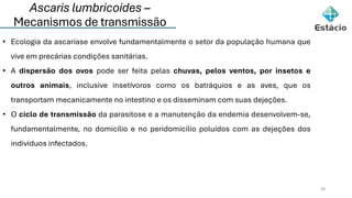 Ascaris lumbricoides –
Mecanismos de transmissão
20
• Ecologia da ascaríase envolve fundamentalmente o setor da população humana que
vive em precárias condições sanitárias.
• A dispersão dos ovos pode ser feita pelas chuvas, pelos ventos, por insetos e
outros animais, inclusive insetívoros como os batráquios e as aves, que os
transportam mecanicamente no intestino e os disseminam com suas dejeções.
• O ciclo de transmissão da parasitose e a manutenção da endemia desenvolvem-se,
fundamentalmente, no domicílio e no peridomicílio poluídos com as dejeções dos
indivíduos infectados.
 
