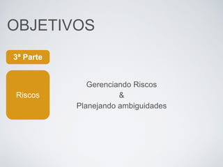 OBJETIVOS
Riscos
3ª Parte
Gerenciando Riscos
&
Planejando ambiguidades
 
