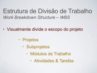 Estrutura de Divisão de Trabalho
• Visualmente divide o escopo do projeto
• Projetos
• Subprojetos
• Módulos de Trabalho
• Atividades & Tarefas
Work Breakdown Structure – WBS
 
