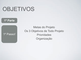 OBJETIVOS
Metas do Projeto
Os 3 Objetivos de Todo Projeto
Prioridades
Organização
1ª Parte
1º Passo!
 