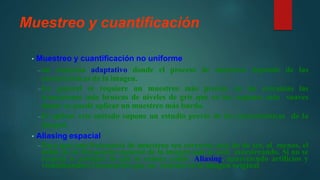 Muestreo y cuantificación
• Muestreo y cuantificación no uniforme
–un esquema adaptativo donde el proceso de muestreo depende de las
características de la imagen.
–En general se requiere un muestreo más preciso en las cercanías las
transiciones más bruscas de niveles de gris que en las regiones más suaves
donde se puede aplicar un muestreo más burdo.
–El aplicar este método supone un estudio previo de las características de la
imagen.
• Aliasing espacial
–Para que una frecuencia de muestreo sea correcta, esta ha de ser, al menos, el
doble de la frecuencia espacial de la imagen que se está muestreando. Si no se
respeta se produce lo que se conoce como Aliasing, apareciendo artificios y
visualizándose frecuencias que no existían en la imagen original
 