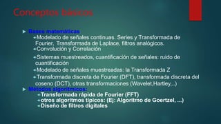 Conceptos básicos
 Bases matemáticas
Modelado de señales continuas. Series y Transformada de
Fourier, Transformada de Laplace, filtros analógicos.
Convolución y Correlación
Sistemas muestreados, cuantificación de señales: ruido de
cuantificación
Modelado de señales muestreadas: la Transformada Z
Transformada discreta de Fourier (DFT), transformada discreta del
coseno (DCT), otras transformaciones (Wavelet,Hartley,..)
 Métodos algorítmicos:
Transformada rápida de Fourier (FFT)
otros algoritmos típicos: (Ej: Algoritmo de Goertzel, ...)
Diseño de filtros digitales
 