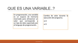 QUE ES UNA VARIABLE..?
En programación, una variable
es un espacio de memoria
reservado para almacenar un
valor que corresponde a
un tipo de dato soportado por
el lenguaje de programación.

ING. SEGUNDO PUSDÁ

Cambia de valor durante la
ejecución del programa.
a=2
a=5

 