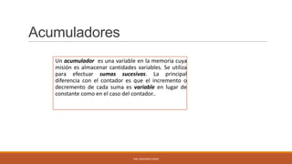 Acumuladores
Un acumulador es una variable en la memoria cuya
misión es almacenar cantidades variables. Se utiliza
para efectuar sumas sucesivas. La principal
diferencia con el contador es que el incremento o
decremento de cada suma es variable en lugar de
constante como en el caso del contador..

ING. SEGUNDO PUSDÁ

 