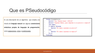 Que es PSeudocódigo
Es una descripción de un algoritmo que emplea una
mezcla de lenguaje natural con algunas convenciones
sintácticas propias de lenguajes de programación,
como asignaciones, ciclos y condicionales.

ING. SEGUNDO PUSDÁ

 