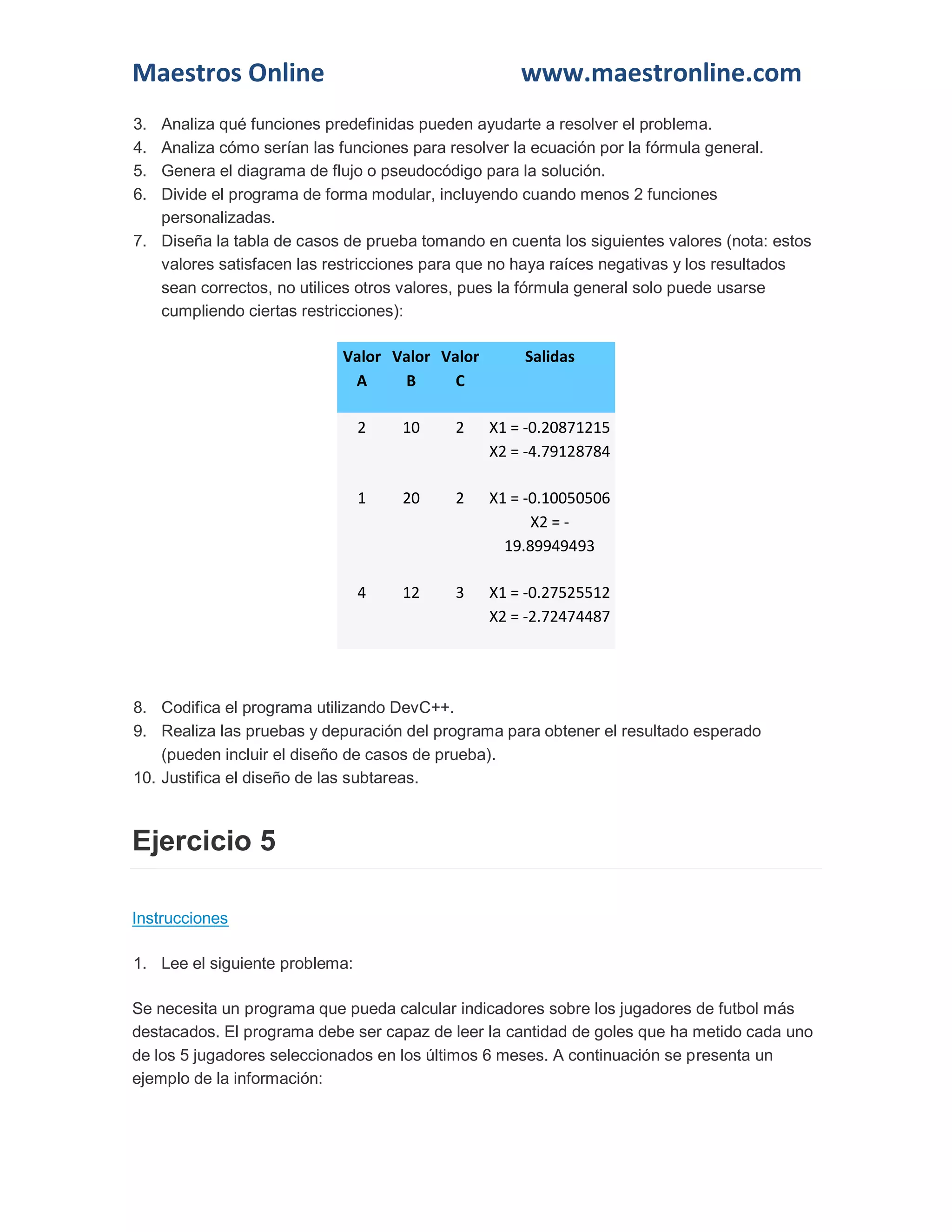 Maestros Online www.maestronline.com 
3. Analiza qué funciones predefinidas pueden ayudarte a resolver el problema. 4. Analiza cómo serían las funciones para resolver la ecuación por la fórmula general. 5. Genera el diagrama de flujo o pseudocódigo para la solución. 6. Divide el programa de forma modular, incluyendo cuando menos 2 funciones personalizadas. 7. Diseña la tabla de casos de prueba tomando en cuenta los siguientes valores (nota: estos valores satisfacen las restricciones para que no haya raíces negativas y los resultados sean correctos, no utilices otros valores, pues la fórmula general solo puede usarse cumpliendo ciertas restricciones): Valor A Valor B Valor C Salidas 2 10 2 X1 = -0.20871215 X2 = -4.79128784 1 20 2 X1 = -0.10050506 X2 = - 19.89949493 4 12 3 X1 = -0.27525512 X2 = -2.72474487 8. Codifica el programa utilizando DevC++. 9. Realiza las pruebas y depuración del programa para obtener el resultado esperado (pueden incluir el diseño de casos de prueba). 10. Justifica el diseño de las subtareas. Ejercicio 5 Instrucciones 1. Lee el siguiente problema: Se necesita un programa que pueda calcular indicadores sobre los jugadores de futbol más destacados. El programa debe ser capaz de leer la cantidad de goles que ha metido cada uno de los 5 jugadores seleccionados en los últimos 6 meses. A continuación se presenta un ejemplo de la información:  