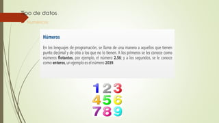 Tipo de datos
 Numéricos
 