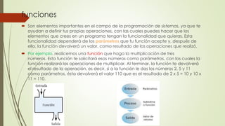 funciones
 Son elementos importantes en el campo de la programación de sistemas, ya que te
ayudan a definir tus propias operaciones, con las cuales puedes hacer que los
elementos que crees en un programa tengan la funcionalidad que quieras. Esta
funcionalidad dependerá de los parámetros que tu función acepte y, después de
ello, la función devolverá un valor, como resultado de las operaciones que realizó.
 Por ejemplo, realicemos una función que haga la multiplicación de tres
números. Esta función te solicitará esos números como parámetros, con los cuales la
función realizará las operaciones de multiplicar. Al terminar, la función te devolverá
el resultado de la operación, es decir, si a la función le das los números 2, 5 y 11
como parámetros, ésta devolverá el valor 110 que es el resultado de 2 x 5 = 10 y 10 x
11 = 110.
 