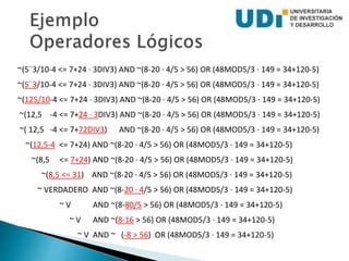 ~(5¨3/10-4 <= 7+24 · 3DIV3) AND ~(8-20 · 4/5 > 56) OR (48MOD5/3 · 149 = 34+120-5)
~(5¨3/10-4 <= 7+24 · 3DIV3) AND ~(8-20 · 4/5 > 56) OR (48MOD5/3 · 149 = 34+120-5)
~(125/10-4 <= 7+24 · 3DIV3) AND ~(8-20 · 4/5 > 56) OR (48MOD5/3 · 149 = 34+120-5)
~(12,5 -4 <= 7+24 · 3DIV3) AND ~(8-20 · 4/5 > 56) OR (48MOD5/3 · 149 = 34+120-5)
~( 12,5 -4 <= 7+72DIV3) AND ~(8-20 · 4/5 > 56) OR (48MOD5/3 · 149 = 34+120-5)
~(12,5-4 <= 7+24) AND ~(8-20 · 4/5 > 56) OR (48MOD5/3 · 149 = 34+120-5)
~(8,5 <= 7+24) AND ~(8-20 · 4/5 > 56) OR (48MOD5/3 · 149 = 34+120-5)
~(8,5 <= 31) AND ~(8-20 · 4/5 > 56) OR (48MOD5/3 · 149 = 34+120-5)
~ VERDADERO AND ~(8-20 · 4/5 > 56) OR (48MOD5/3 · 149 = 34+120-5)
~ V AND ~(8-80/5 > 56) OR (48MOD5/3 · 149 = 34+120-5)
~ V AND ~(8-16 > 56) OR (48MOD5/3 · 149 = 34+120-5)
~ V AND ~ (-8 > 56) OR (48MOD5/3 · 149 = 34+120-5)
 