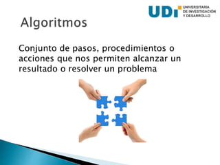 Conjunto de pasos, procedimientos o
acciones que nos permiten alcanzar un
resultado o resolver un problema
 