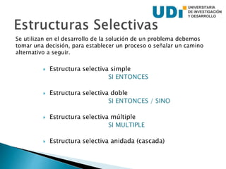 Se utilizan en el desarrollo de la solución de un problema debemos
tomar una decisión, para establecer un proceso o señalar un camino
alternativo a seguir.
 Estructura selectiva simple
SI ENTONCES
 Estructura selectiva doble
SI ENTONCES / SINO
 Estructura selectiva múltiple
SI MULTIPLE
 Estructura selectiva anidada (cascada)
 