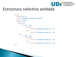 Inicio
Int n1, n2, n3
Escribir “Ingrese 3 números enteros”
Leer n1, n2, n3
Si (n1 > n2)
Entonces
Si (n1 > n3)
Entonces
Escribir “El número mayor es: ”, n1
Sino
Escribir “El número mayor es: ”, n3
Sino
Si (n2 > n3)
Entonces
Escribir “El número mayor es: ”, n2
Sino
Escribir “El número mayor es: ”, n3
Fin
 