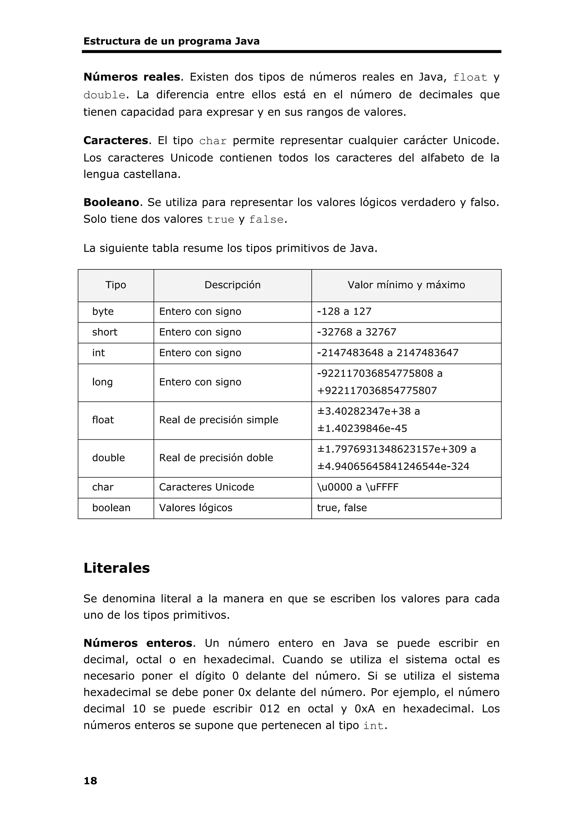 Estructura de un programa Java
18
Números reales. Existen dos tipos de números reales en Java, float y
double. La diferencia entre ellos está en el número de decimales que
tienen capacidad para expresar y en sus rangos de valores.
Caracteres. El tipo char permite representar cualquier carácter Unicode.
Los caracteres Unicode contienen todos los caracteres del alfabeto de la
lengua castellana.
Booleano. Se utiliza para representar los valores lógicos verdadero y falso.
Solo tiene dos valores true y false.
La siguiente tabla resume los tipos primitivos de Java.
Tipo Descripción Valor mínimo y máximo
byte Entero con signo -128 a 127
short Entero con signo -32768 a 32767
int Entero con signo -2147483648 a 2147483647
long Entero con signo
-922117036854775808 a
+922117036854775807
float Real de precisión simple
±3.40282347e+38 a
±1.40239846e-45
double Real de precisión doble
±1.7976931348623157e+309 a
±4.94065645841246544e-324
char Caracteres Unicode u0000 a uFFFF
boolean Valores lógicos true, false
Literales
Se denomina literal a la manera en que se escriben los valores para cada
uno de los tipos primitivos.
Números enteros. Un número entero en Java se puede escribir en
decimal, octal o en hexadecimal. Cuando se utiliza el sistema octal es
necesario poner el dígito 0 delante del número. Si se utiliza el sistema
hexadecimal se debe poner 0x delante del número. Por ejemplo, el número
decimal 10 se puede escribir 012 en octal y 0xA en hexadecimal. Los
números enteros se supone que pertenecen al tipo int.
 